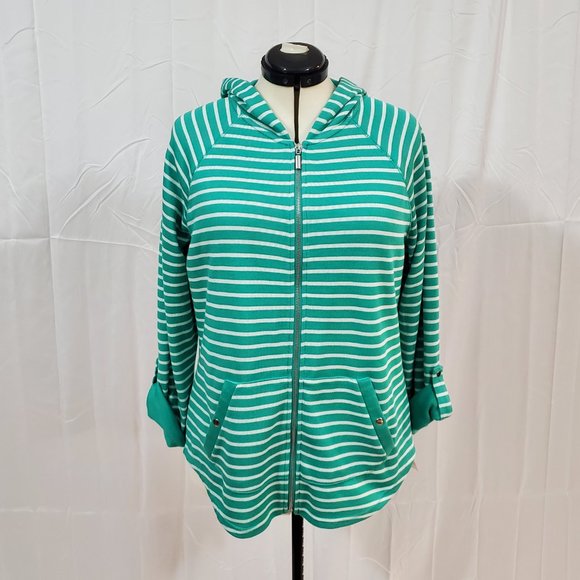 NWT Women's XL Hoodie Style & Co Sport Green White Stripe Zip Snap Pocket Sleeve - Picture 11 of 11